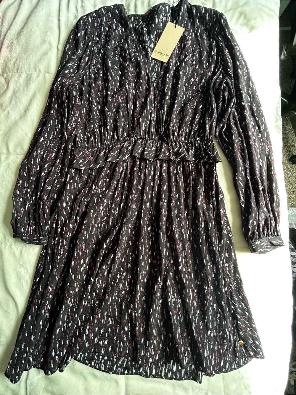 NWT Scotch and Soda Black Printed Long-Sleeve V-Neck Dress with Pink Accents